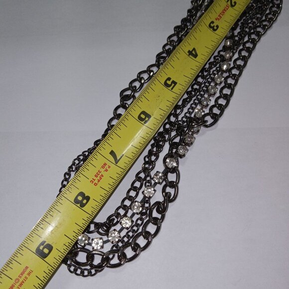 Vintage Victorian Layered Gunmetal Chain Necklace Clear Rhinestones Multi-strand - Picture 6 of 7